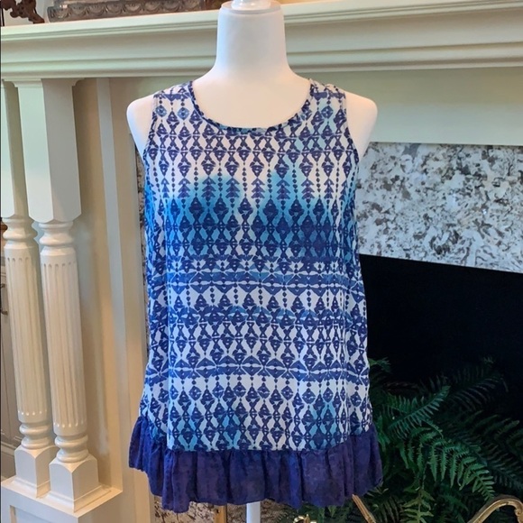 BLL‎ Blue Geometric Print Top w/Bottom Ruffle & Split Hem Detail S - Picture 3 of 10